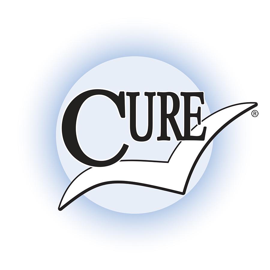Blue and white Cure Medical logo.