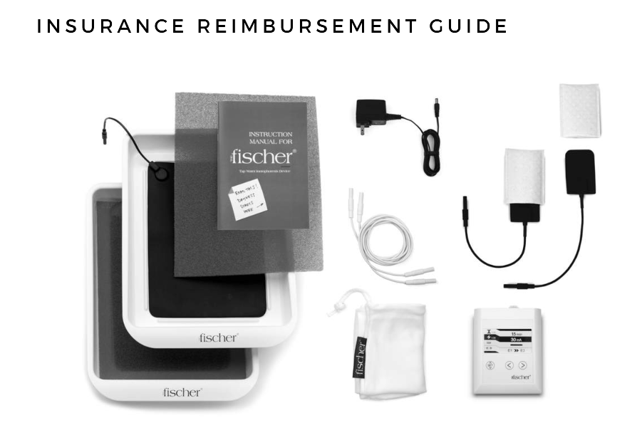 Cover image of the insurance reimbursement guide for The Fischer by RA Fischer Co. Top reads "Insurance Reimbursement Guide," below is a black and white image of the Fischer, trays, electrodes, other accessories for the Fischer