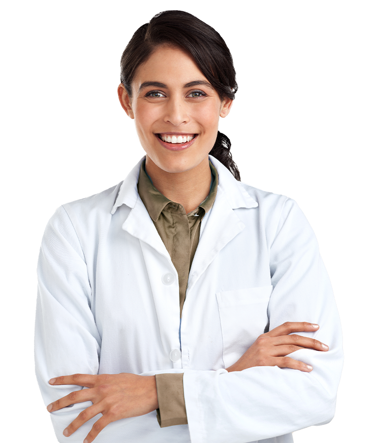 Photo: Woman doctor in white lab coat, arms crossed, smiling. [ RA fischer hyperhidrosis iontophoresis ]