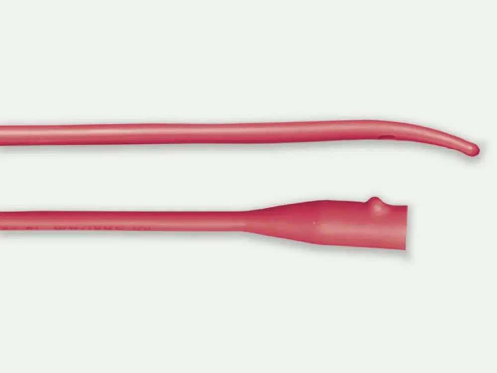 Close-up picture of the red tip and end of an indwelling Foley catheter from RA Fischer.