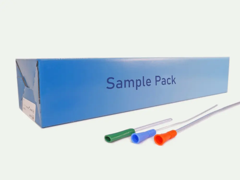 Picture of a box for the 3-Day Free Sample pack of multiple catheters from RA Fischer. In front of it are three catheters with different colored grippers