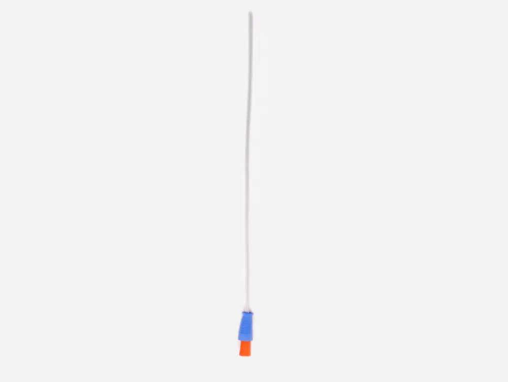 Photograph presenting a RA Fischer Co. Cure brand catheter featuring a blue and orange grip, set against a clean white background.