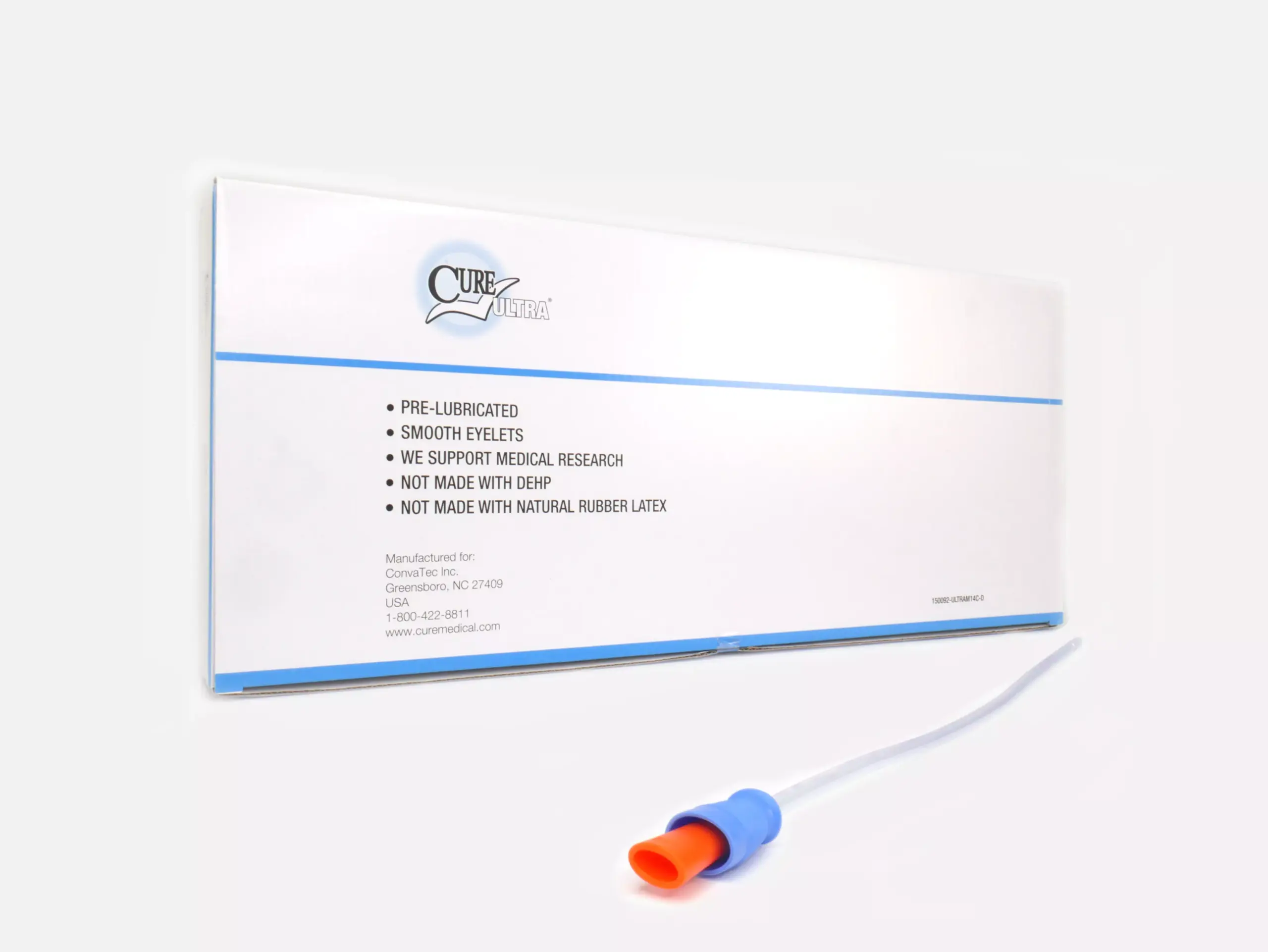 Photograph of a RA Fischer Co. Cure brand catheter box against a white background. Catheter with blue and orange grip is in front of the box. Box reads 'Cure Ultra,' 'Pre-lubricated,' 'Smooth Eyelets,' 'We support medical research,' 'Not made with DEHP,' 'Not made with natural rubber latex.' [ Personalized urology care ]