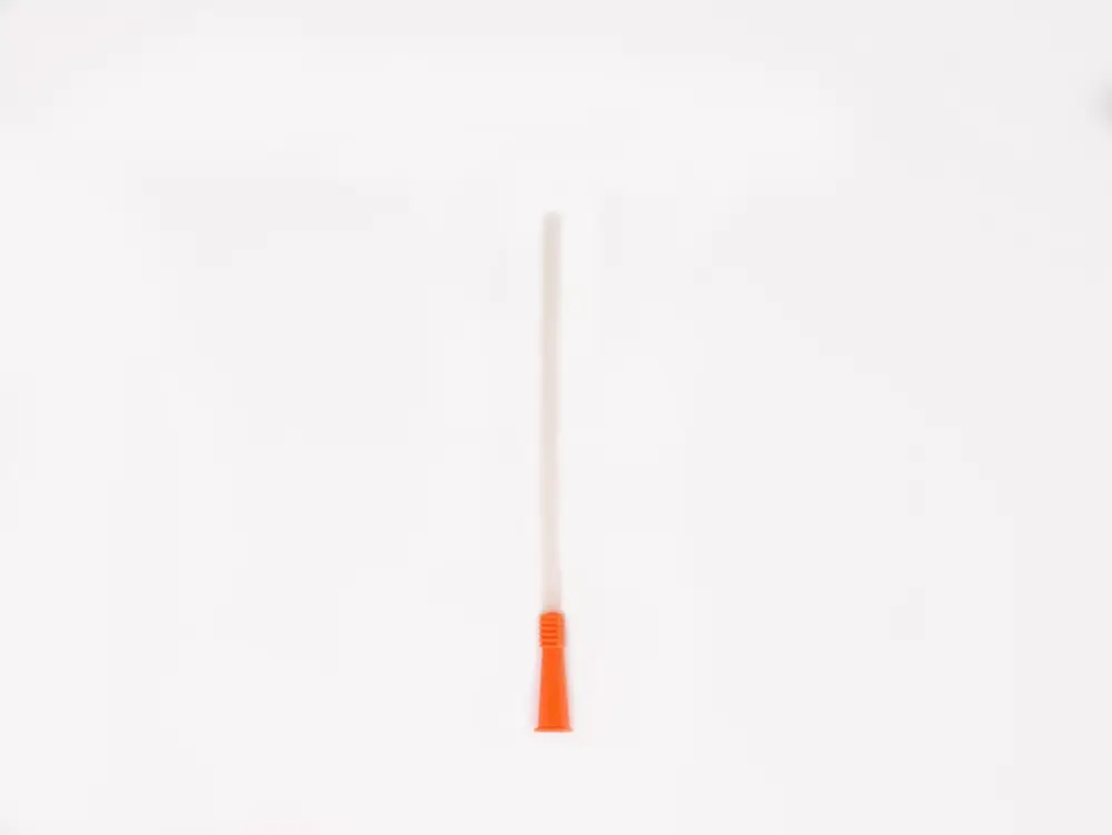 A visual representation of a catheter with an orange grip, manufactured by RA Fischer Co. and identified as the Cure Catheter brand. White background