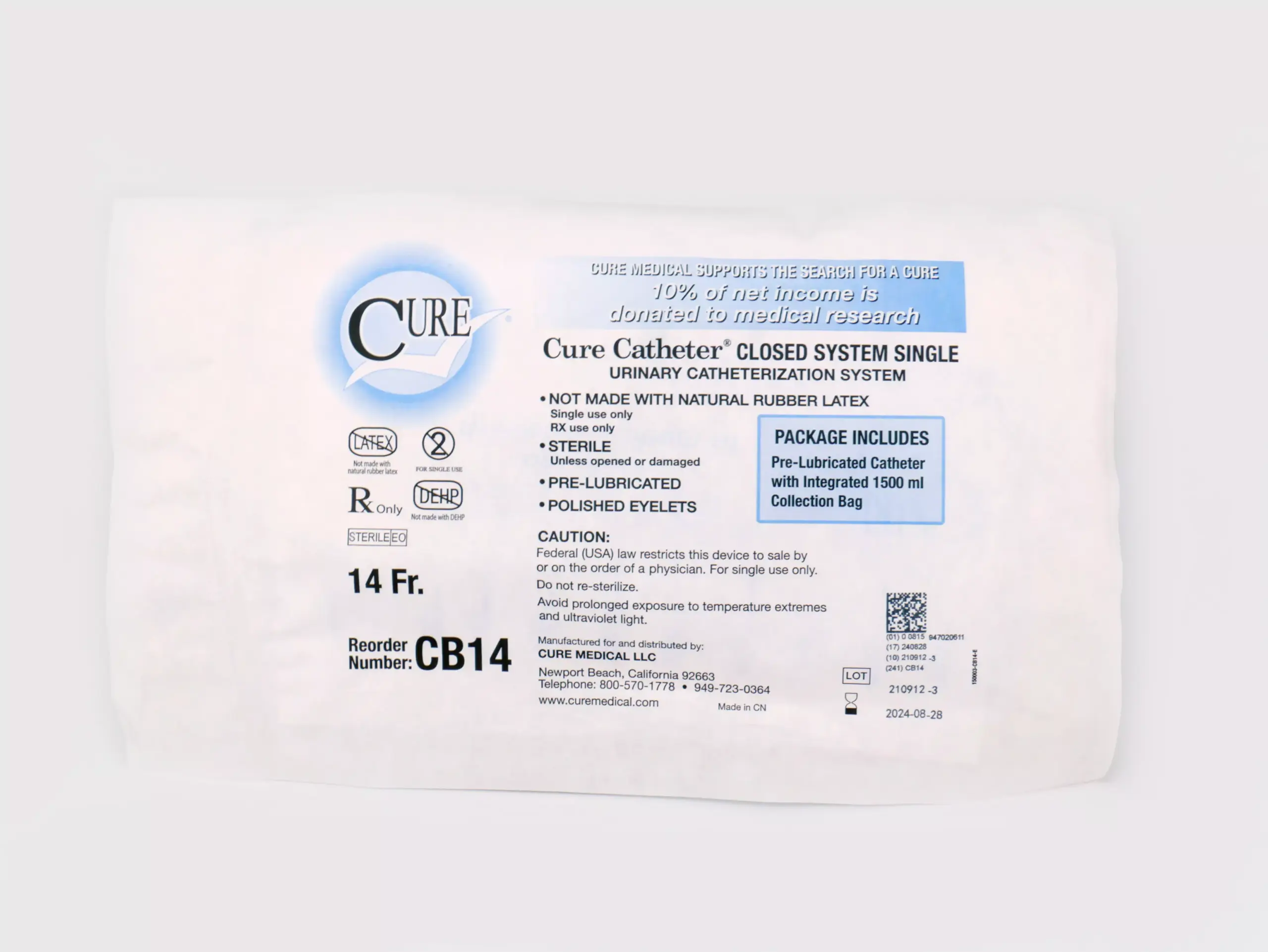 Photograph of a package of RA Fischer Co.'s Cure Catheters, White bag on white background. Package reads "Cure Catheter Closed system single. Urinary catheterization system. Note made with natural rubber latex. Sterile. Pre-lubricated. Polished eyelets. Package includes pre-lubricated catheter with integrated 1500 ml collection bag."