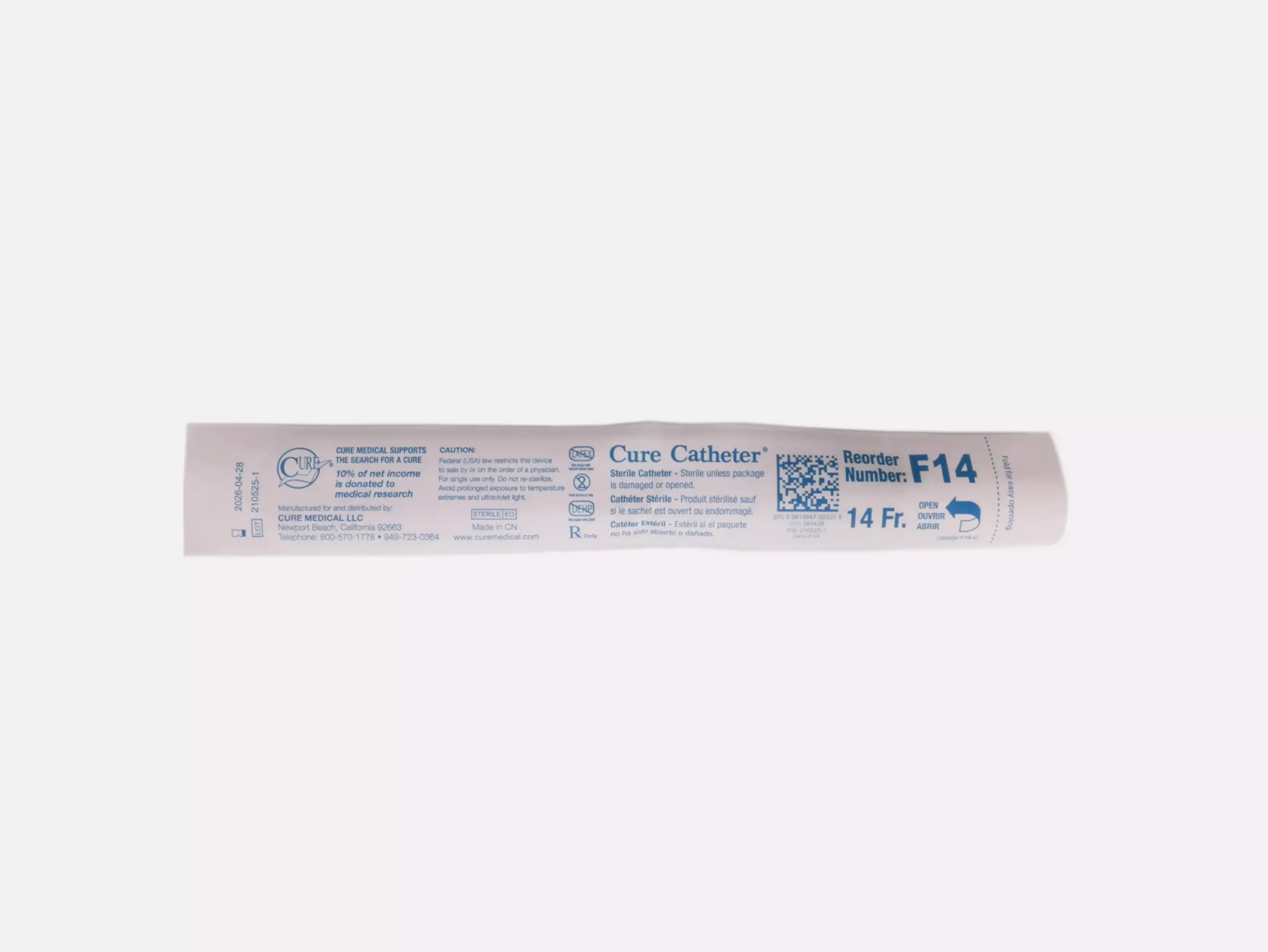 Photograph of a RA Fischer Co. Cure brand catheter against a white background. The packaging reads "Cure Catheter. Sterile Catheter."