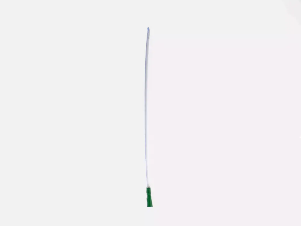 A detailed product image showcasing one of RA Fischer Co.'s catheters, specifically designed for urological care and from the Cure brand. The central focus of the image is the vibrant green gripper sleeve