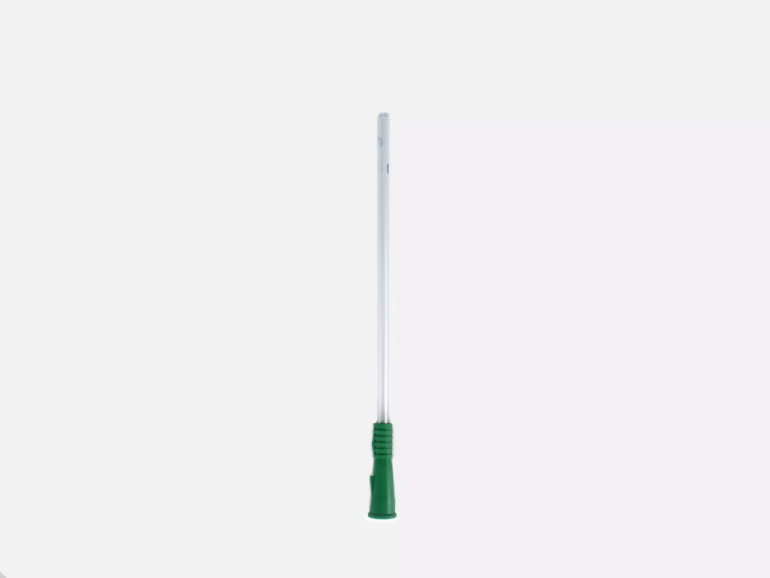 In-depth photograph providing a detailed view of the base of a RA Fischer Co. Cure brand catheter with a green grip.