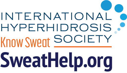 Blue and orange logo for the International Hyperhidrosis Society (IHHS). "Know Sweat." Sweathelp.org. RA Fischer is a supporter of the IHHS.