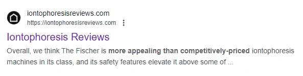 Screenshot of a site that has reviews about RA Fischer's iontophoresis device The Fischer called iontophoresisreviews.com. "Overall, we think The Fischer is more appealing that competetively-priced iontophoresis machines in its class, and its safety features elevate it above some of..."