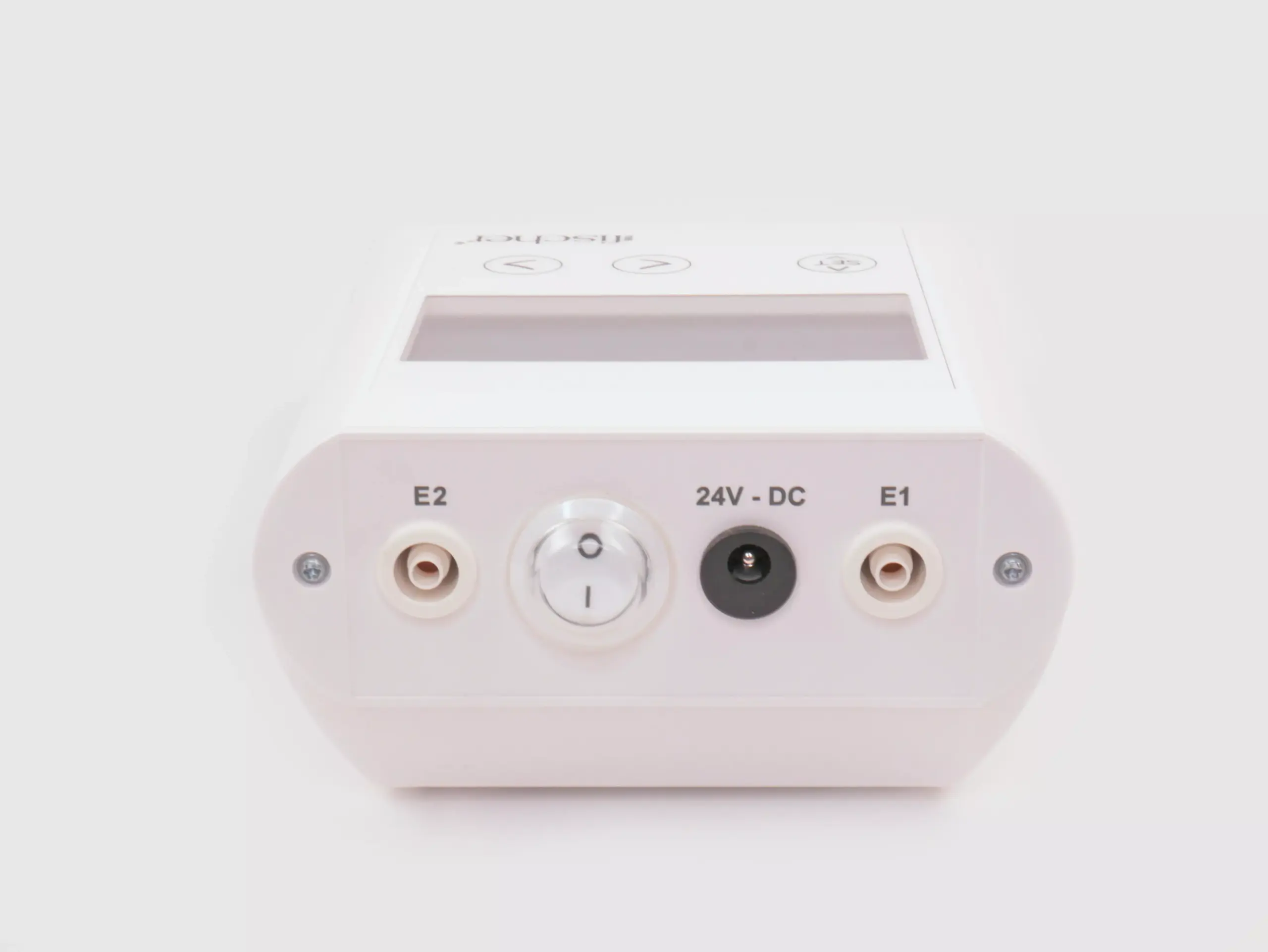 Image highlighting the back panel of RA Fischer's 'The Fischer' Device, showcasing the white, rectangular 'main control unit.' This specialized iontophoresis device is specifically designed to address hyperhidrosis (excessive sweating). In the photograph, you can discern the power switch and the electrode ports. The background is solid white. [ Iontophoresis Device for Sweating ]