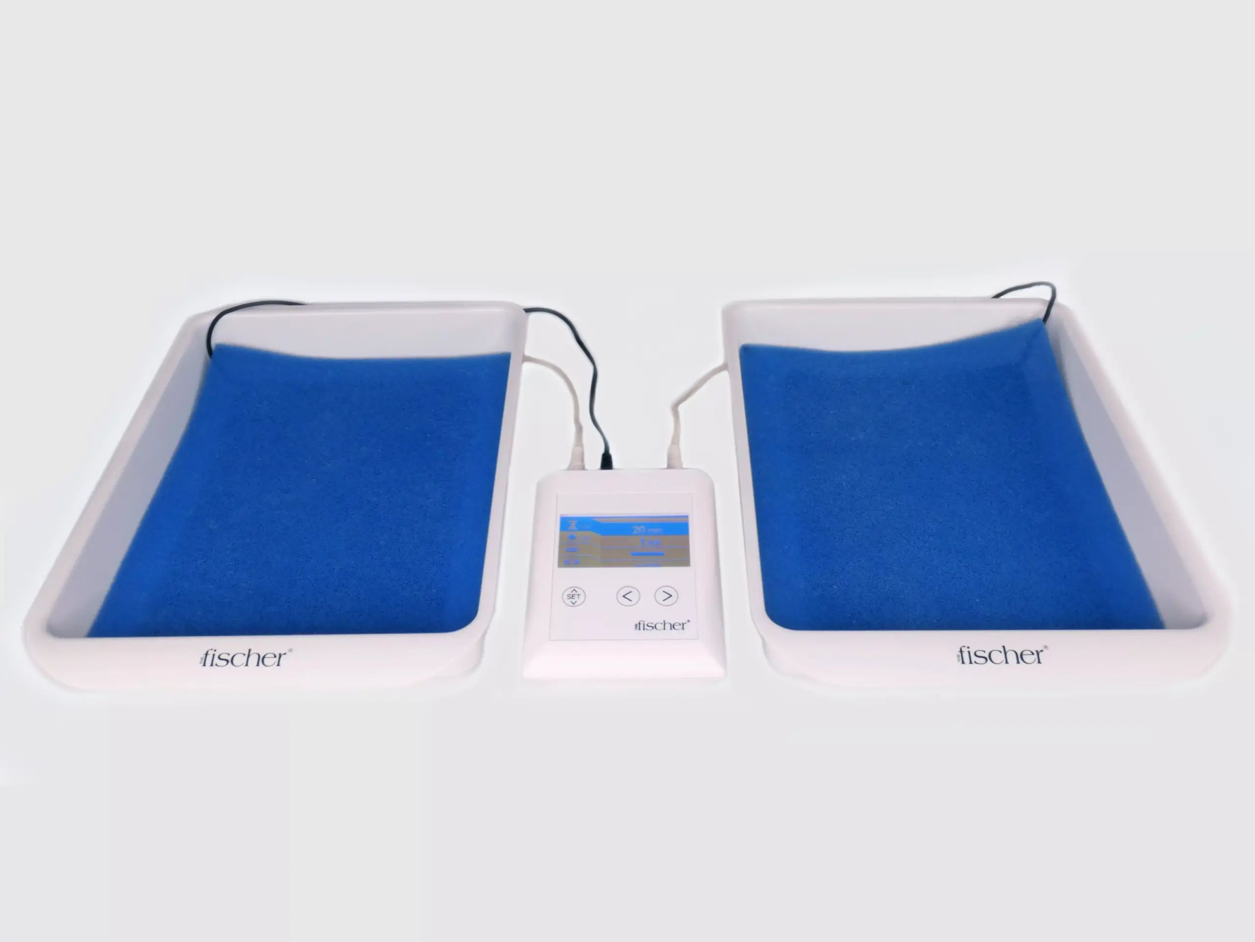 Overhead photograph showcasing The Fischer iontophoresis device by RA Fischer Co. for treating hyperhidrosis positioned on a flat surface. It's connected to two water bath trays filled with blue pH-balancing foam, set against a simple white background.