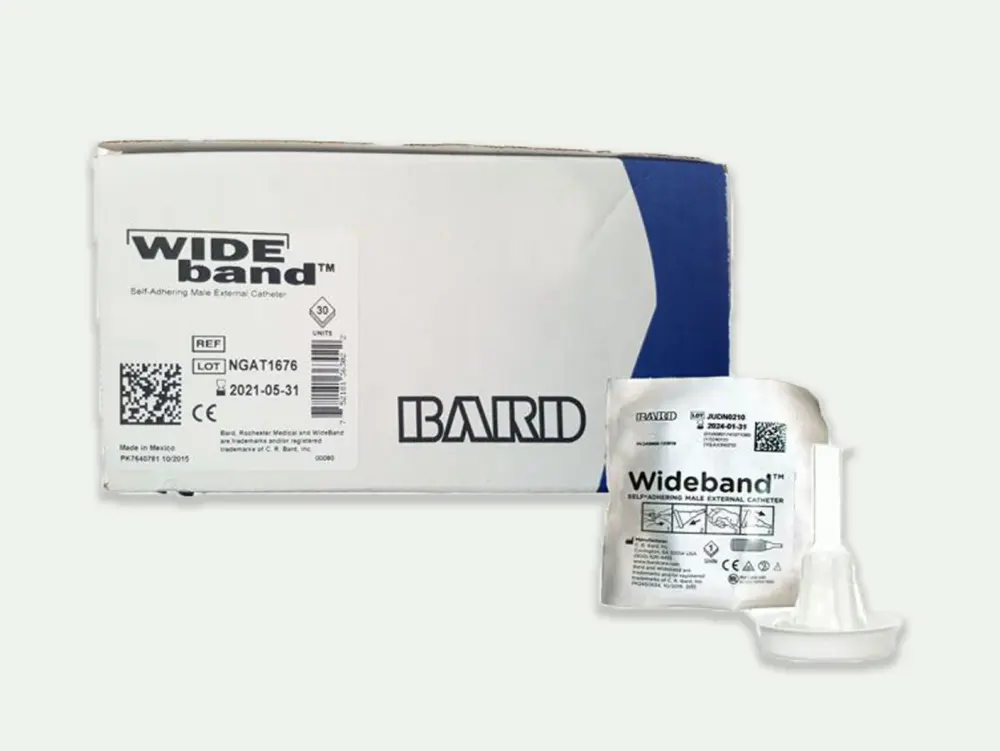 Picture of external condom catheter, the Wideband by BD and Bard from RA Fischer and the box for the Wideband