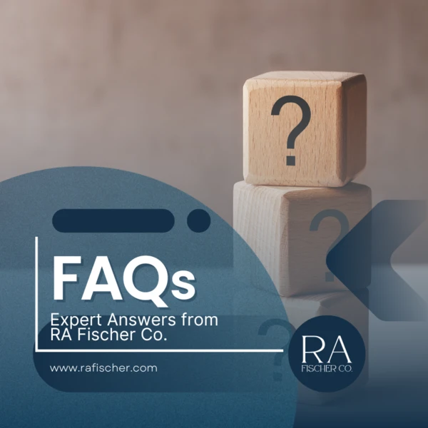 RA Fischer Co. FAQs graphic with wooden blocks showing question marks and text ‘Expert Answers from RA Fischer Co.’ — featured image for FAQ page on PureWick™ and The Fischer iontophoresis device.