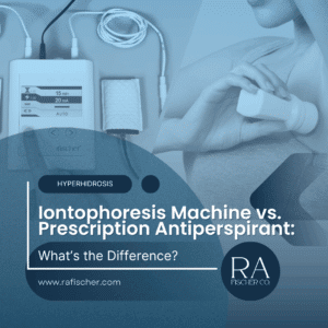 The Fischer iontophoresis machine displaying 15 min session alongside a foam pad, with a person applying prescription antiperspirant — blog post cover image for Iontophoresis Machine vs. Prescription Antiperspirant on rafischer.com