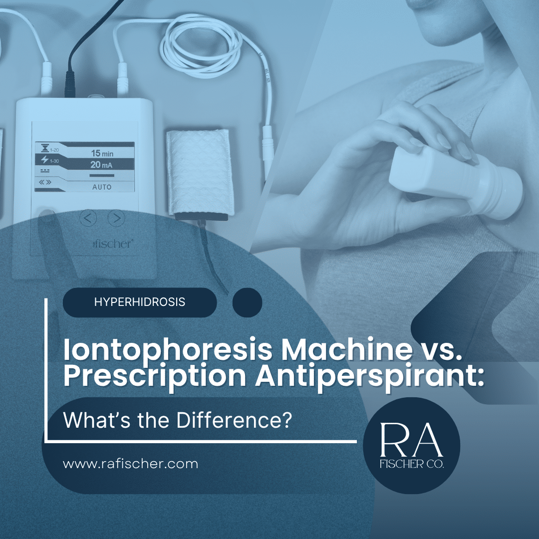 The Fischer iontophoresis machine displaying 15 min session alongside a foam pad, with a person applying prescription antiperspirant — blog post cover image for Iontophoresis Machine vs. Prescription Antiperspirant on rafischer.com