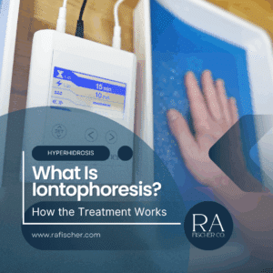 The Fischer iontophoresis machine display showing 15 min session and 10 mA setting, with a hand submerged in a treatment tray — blog post cover image for What Is Iontophoresis? How the Treatment Works on rafischer.com