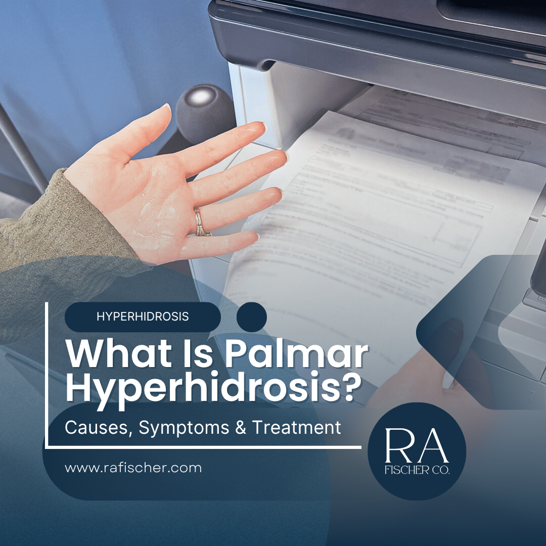 Person with visibly sweaty palm handling paperwork at a printer, illustrating palmar hyperhidrosis symptoms — blog post cover image for What Is Palmar Hyperhidrosis? Causes, Symptoms & Treatment on rafischer.com