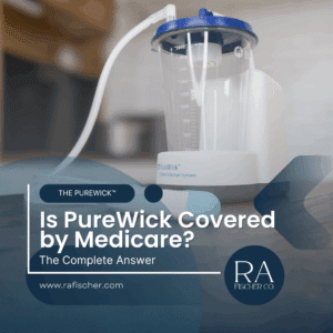 BD PureWick Urine Collection System unit with tubing on a bedside surface — blog post cover image for Is PureWick Covered by Medicare? The Complete Answer on rafischer.com