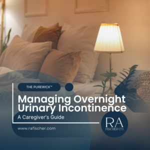 A softly lit bedroom at night with a glowing bedside lamp and pillows, with the RA Fischer Co. logo and the title "Managing Overnight Urinary Incontinence: A Caregiver's Guide"