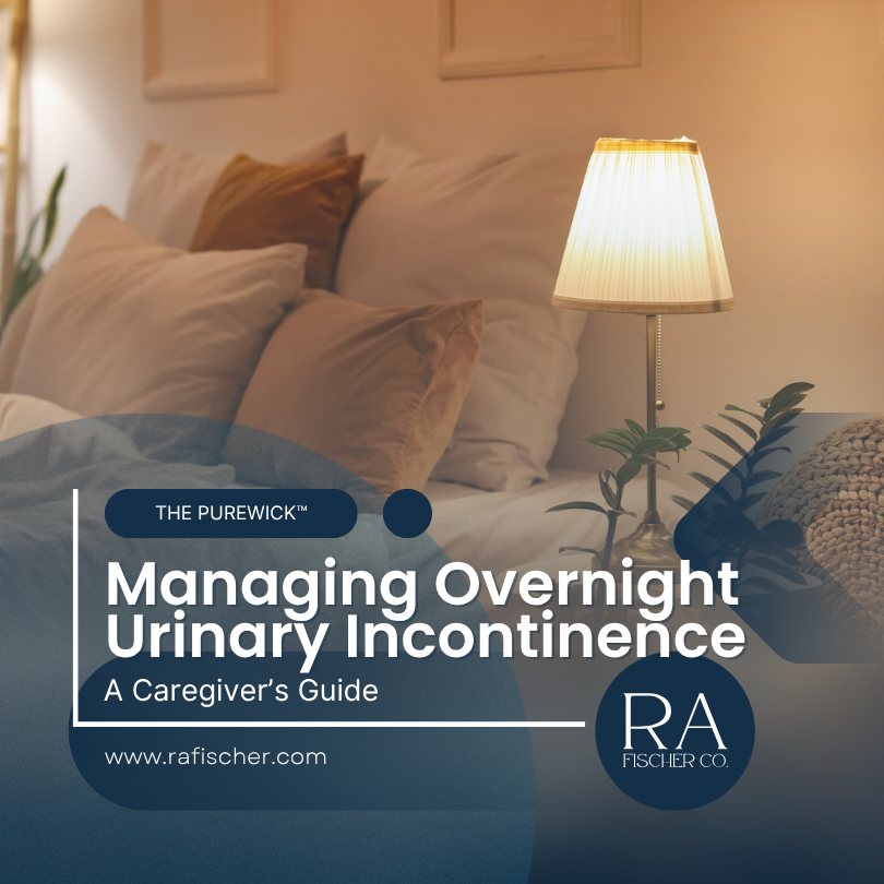 A softly lit bedroom at night with a glowing bedside lamp and pillows, with the RA Fischer Co. logo and the title "Managing Overnight Urinary Incontinence: A Caregiver's Guide"