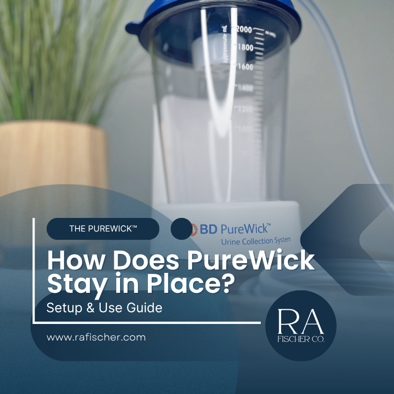 BD PureWick urine collection system canister at bedside — "How Does PureWick Stay in Place? Setup & Use Guide," RA Fischer Co.